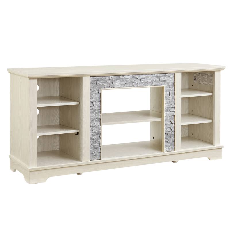 Classic White TV Stand with Faux Stacked Stone, Fits 65 TVs, 4 Adjustable Shelves, Cable Management