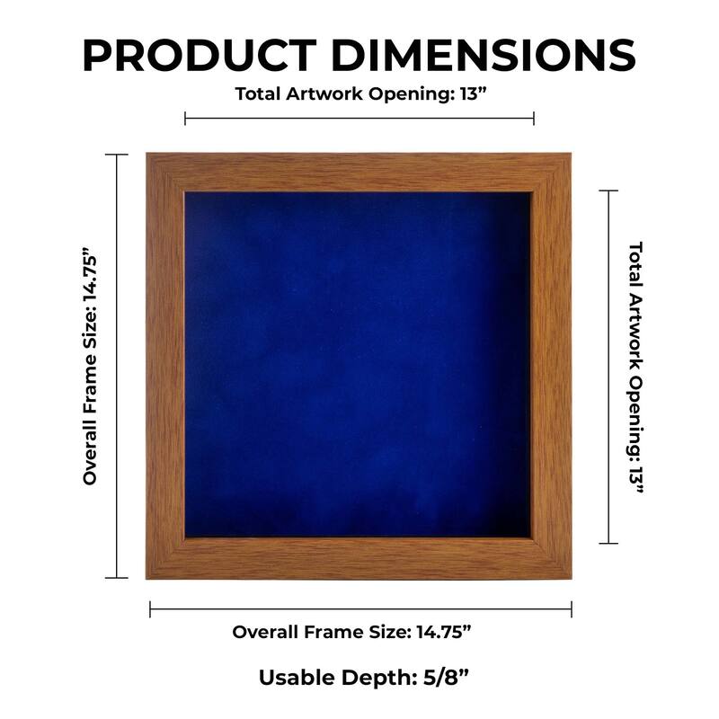 13x13 Shadow Box Frame Light Brown Wood | With a 3/4" Usable Display Depth | Includes a Royal Blue Real Suede Texture Acid-Free