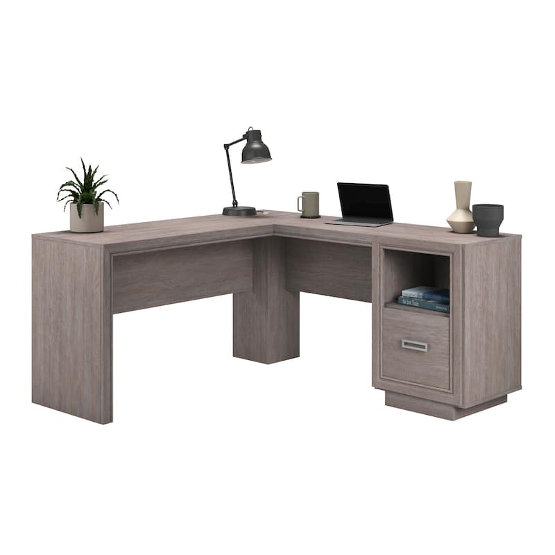 Wood L-Shaped Desk with Integrated Storage, Brown