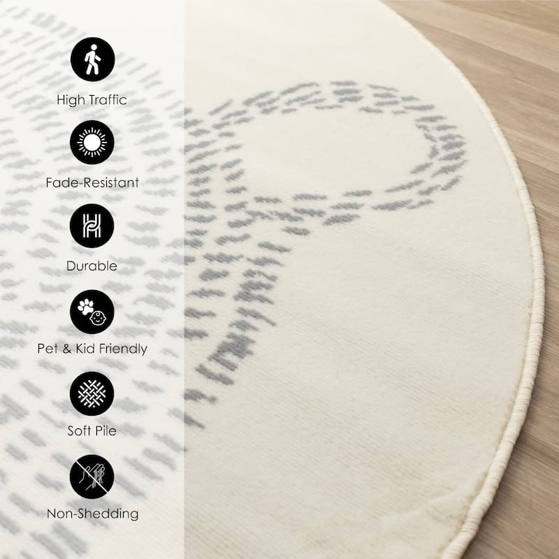 Round Kids Cream Grey Teddy Bear Area Rug, 5'3" x 5'3" - 5'3" x 5'3"