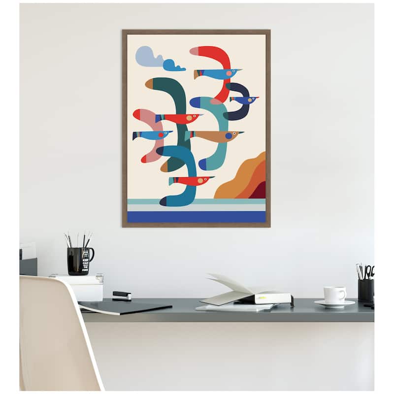 Kate and Laurel Seagulls Coastal Vibes by Rachel Lee Framed Canvas Wall Art Print