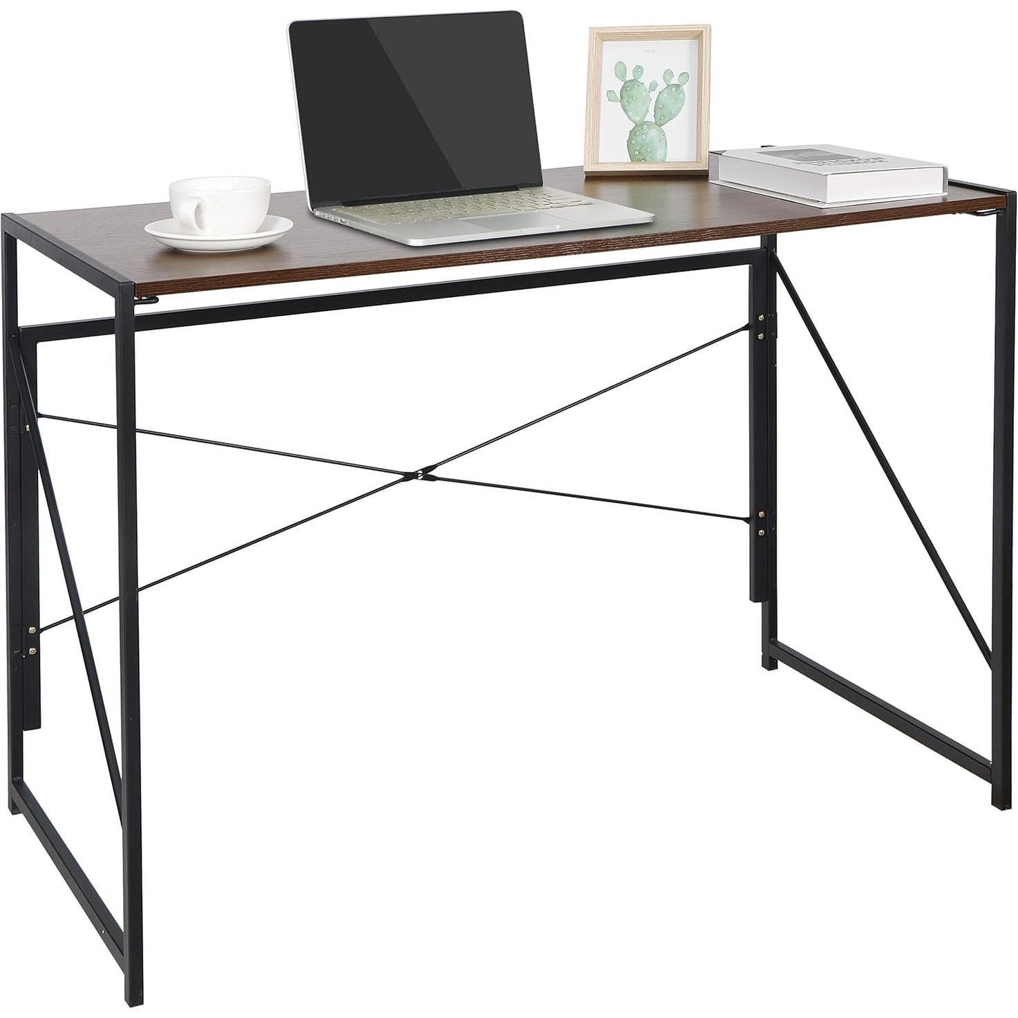 Folding Computer Desk for Home Office, Corner Laptop Gaming Table with Metal Frame, 39 Inches, Brown