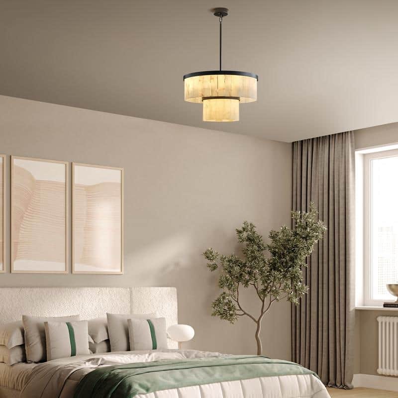 Elegant layered alabaster chandelier with natural stone panels