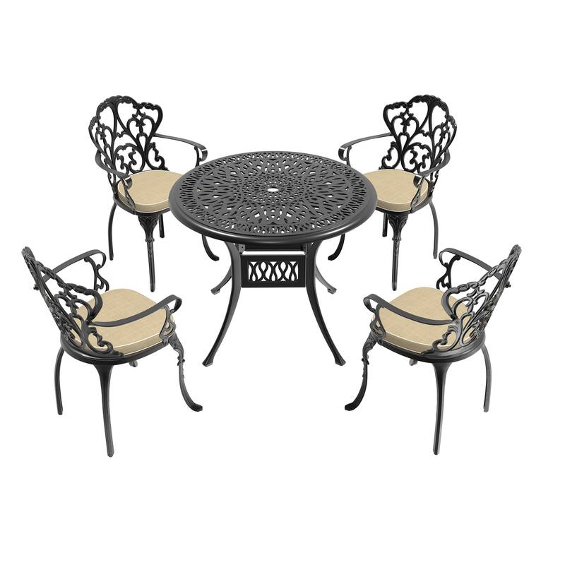 3/5-Piece Cast Aluminum Outdoor Dining Set with 35.43 in. Round Table and Random Color Seat Cushions