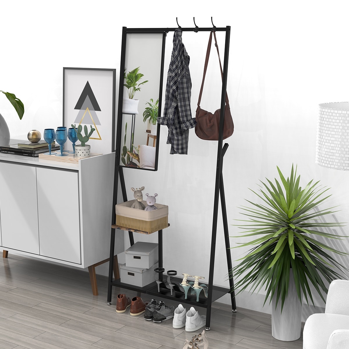Coat Rack with Mirror Aluminum Frame Hall Tree Coat Hanger with Shoe Storage Standing Storage Shelf for Livingroom Bedroom