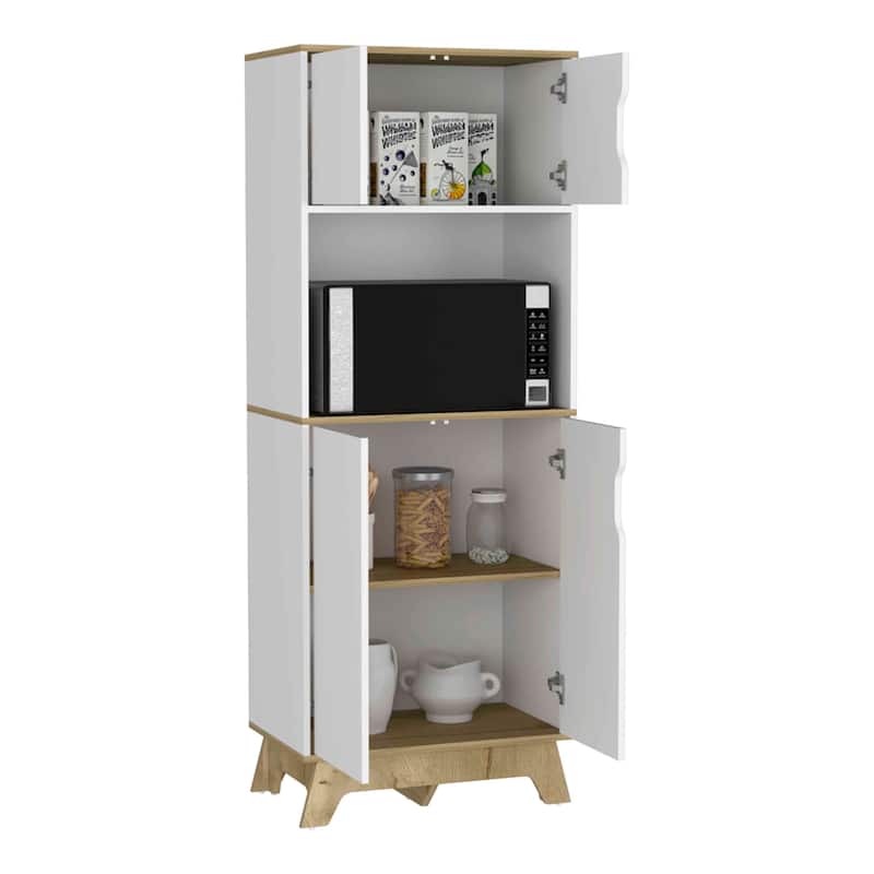 Microwave Tall Cabinet Counter Surface, Top And Lower Double Doors Cabinets -Light Oak / White