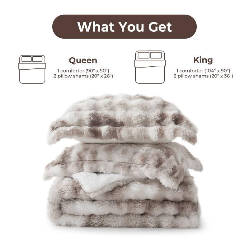 3 Pieces Fluffy Faux Rabbit Fur Comforter Set, Plush Fuzzy Bedding Set for Winter