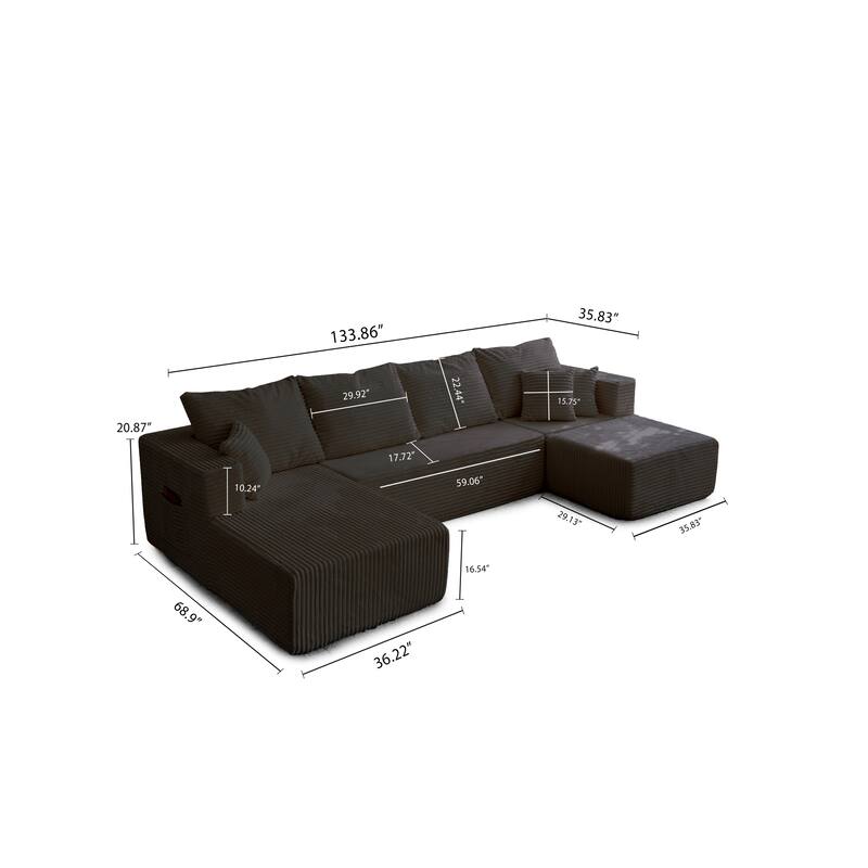 Modular Sectional Sofa with Chaise & Ottoman, Fabric Upholstered Boneless Cloud Sofa, Deep Seat Corner Sofa with Side Pockets
