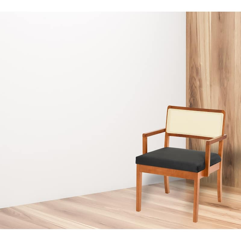 Solid Wood Arm Chair with Woven Cane Back and Velvet Upholstered Seat