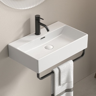 GDFStudio - Vale Modern Ceramic Wall Mounted Vessel Sink with Integrated Towel Bar and Faucet Hole