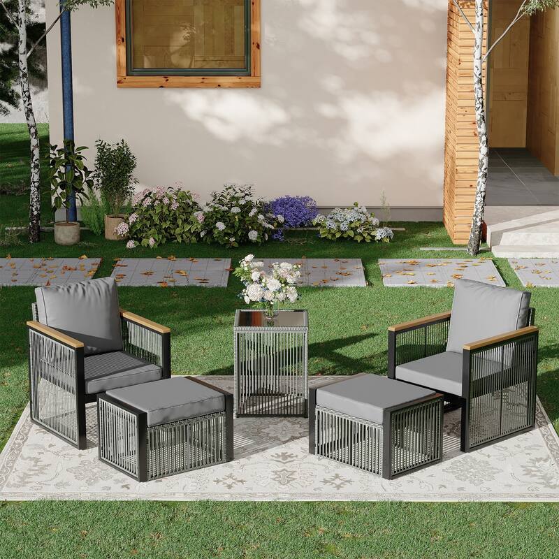 EROMMY Outdoor Patio Furniture Sets - 5/6/7 Piece All-Weather Conversation Sets withTable & Ottoman, Sectional Sofa & Chairs. - 5 PCS - 2 Chairs & 2 Ottomans & Side Table - Grey