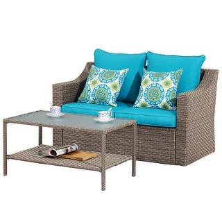 Outdoor Patio Sofa Set 2-Piece Wicker Conversation Furniture Sofa Set with Rectangle Coffee Table, Blue