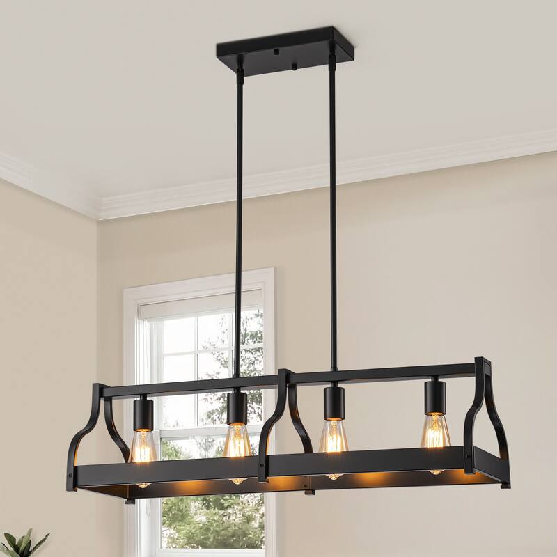 Starsky 4-Light Modern Farmhouse Black Chandelier Wooden Linear Kitchen Island Light