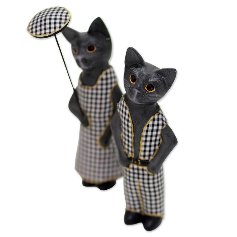 Novica Handmade Bali Cat Couple In Dark Grey Wood Sculptures (Pair)