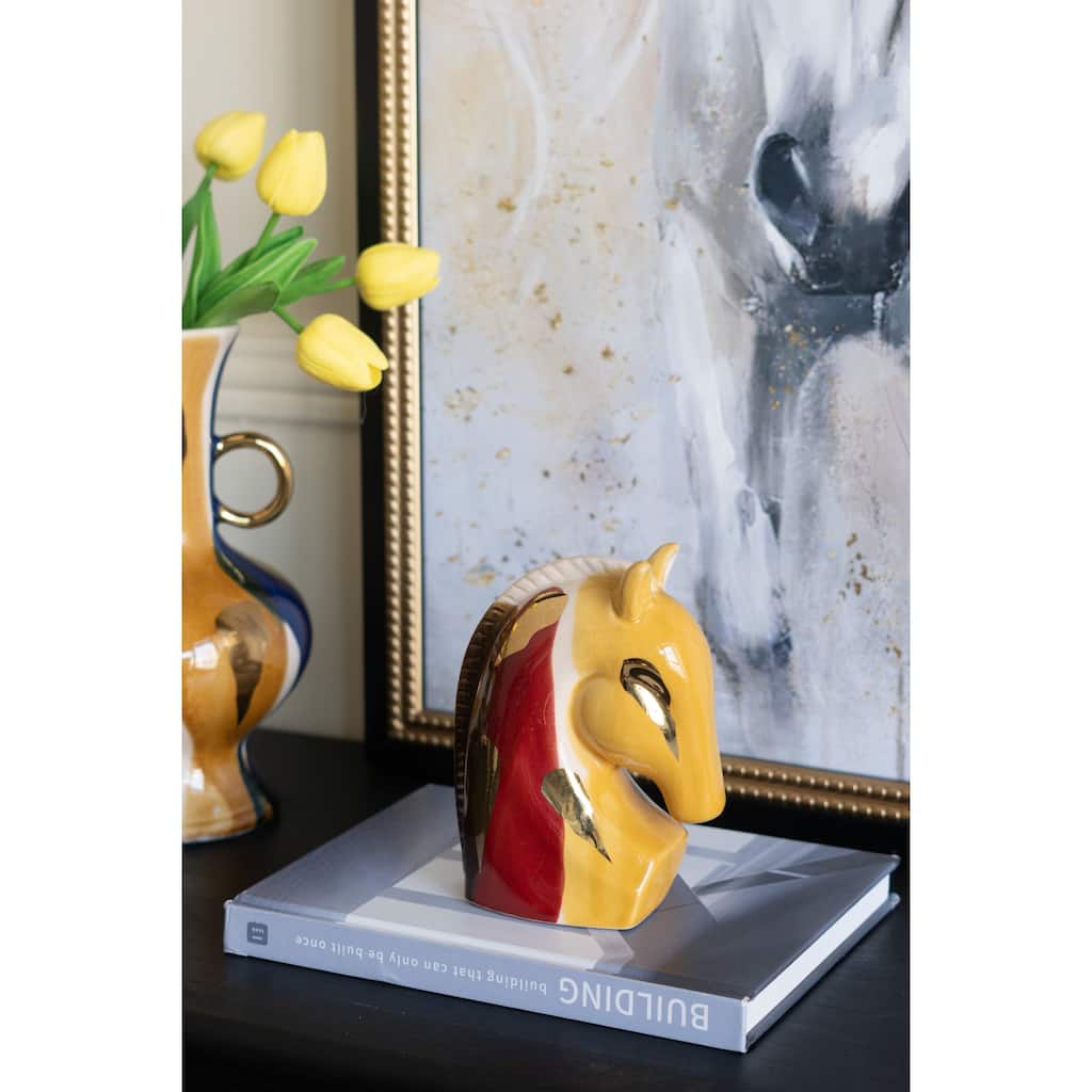 5.7x3.1x7.1" Ceramic Horse Head Sculpture with Abstract Multicolored Finish