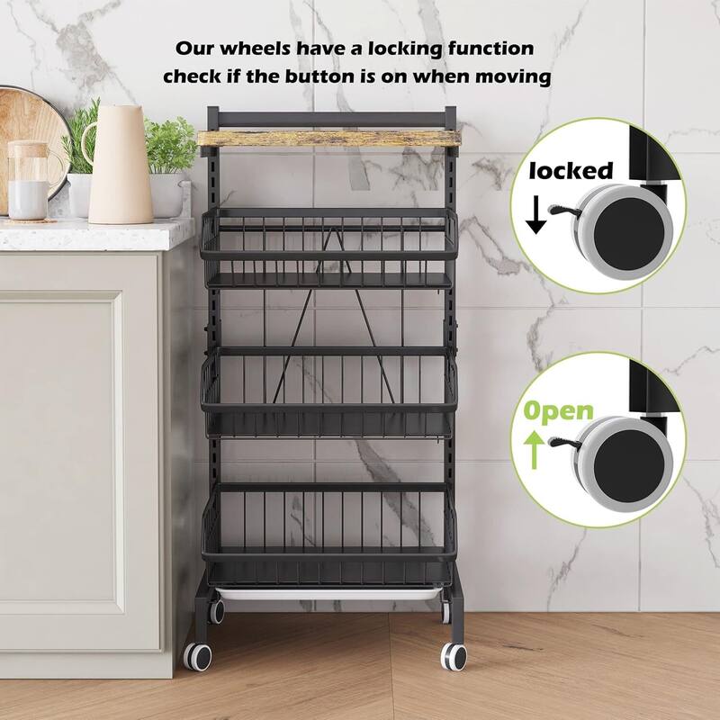 Snack Cart with Wheels 4-Tier Adjustable Fruit Rack Fruit Vegetable Basket Cart - 12.2"D x 15.35"W x 34.45"H