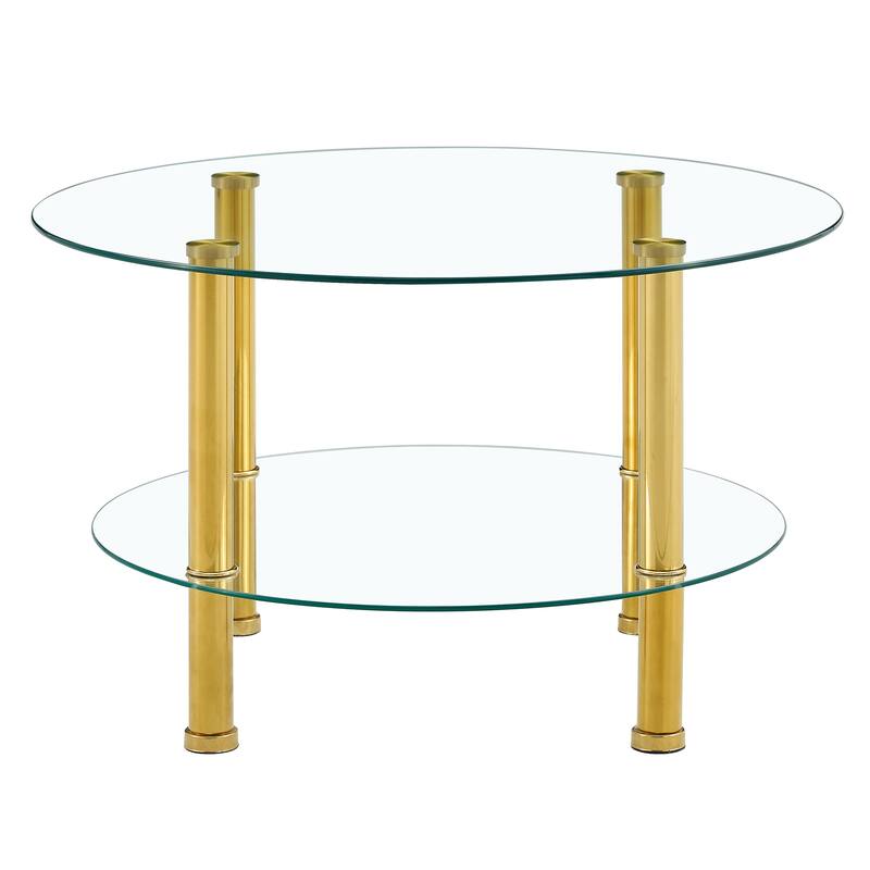 Contemporary Minimalist Double Layer Tempered Glass Coffee Table,Reinforced Glass Tabletop,Stainless Steel Plated Legs