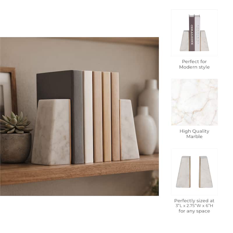 Modern Bookends with Marble Finish for Home or Office Decor - Set of 2, 6"