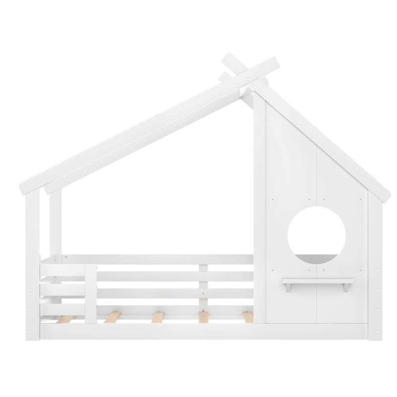 Twin House Floor Bed with Window and a Small Shelf, Solid Wood Floor Bed with House-shaped Roof, No Spring Box Needed