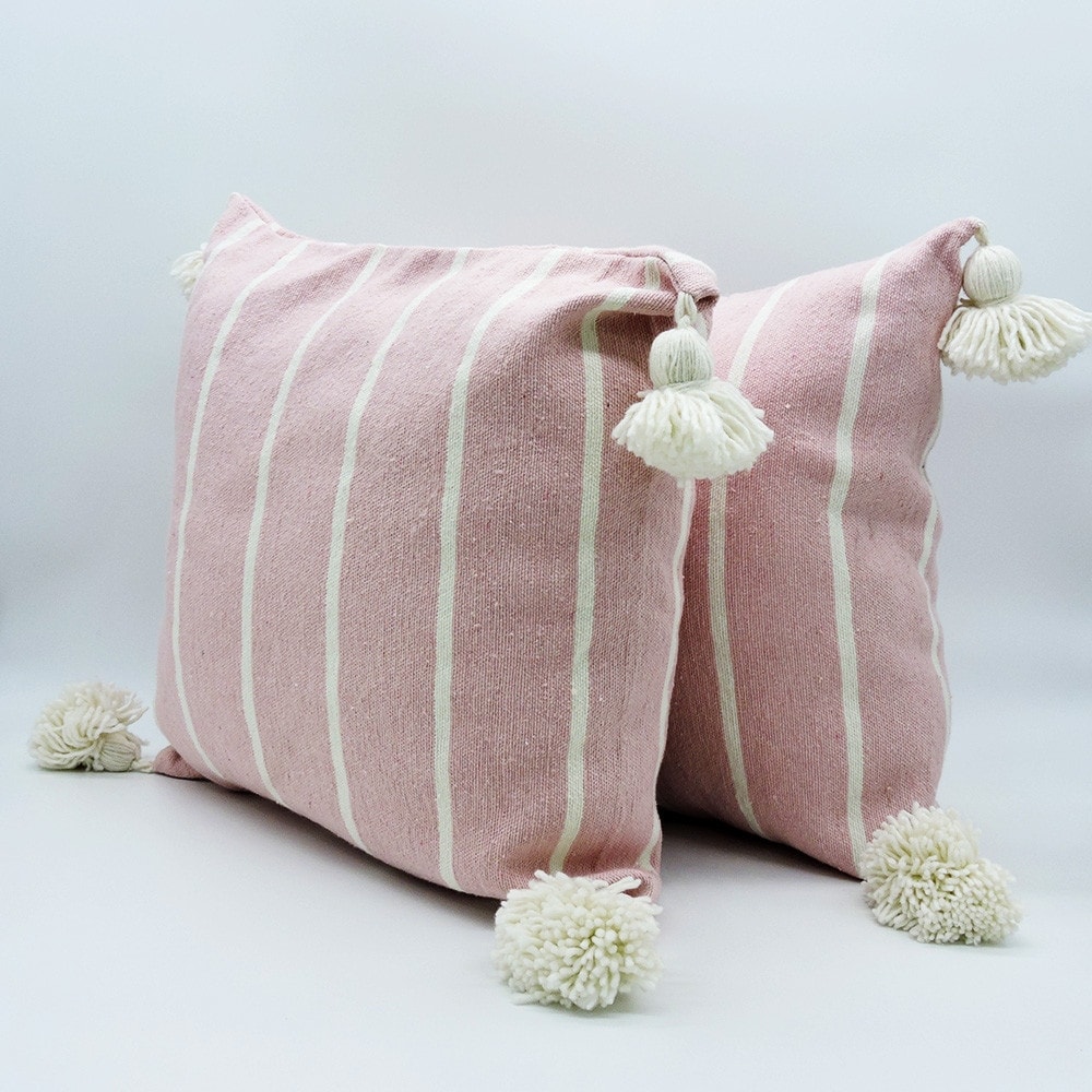 Moroccan PomPom Lumbar Pillow - Set of two - White with Black Pom Poms