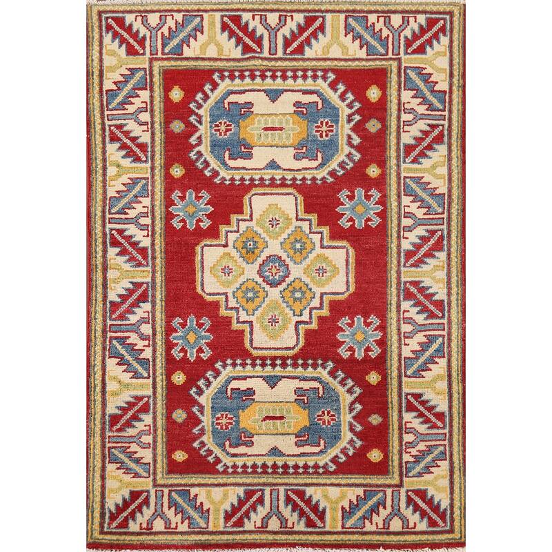 Geometric Kazak Foyer Rug Handmade Red Wool Carpet - 2'7" x 4'3"