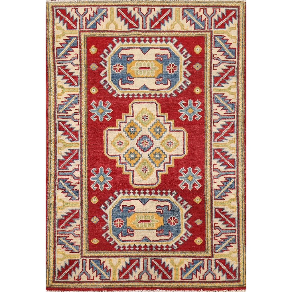 Geometric Kazak Foyer Rug Handmade Red Wool Carpet - 2'7" x 4'3"