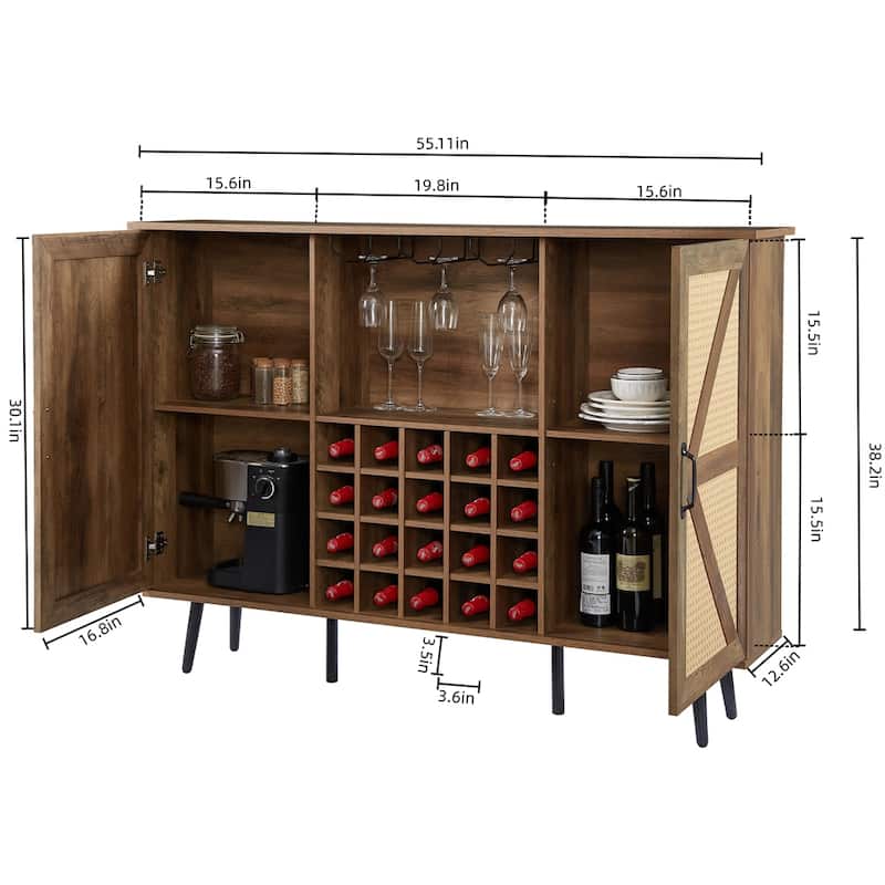 Faux Rattan Barn Door Wine Cabinet with Wine Rack and Wine Glass Rack - Oak