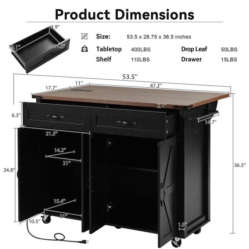 53.5" Rolling Farmhouse Kitchen Island Cart with Drop Leaf, Charging Station, Storage Cabinet, Spice Rack, and Drawer