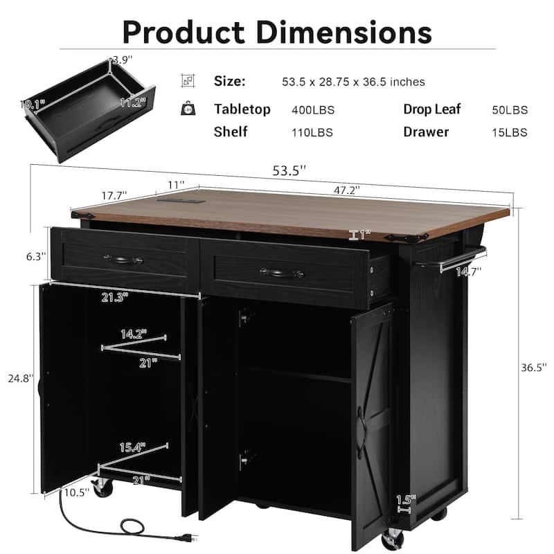 Black Drop-leaf Kitchen Island on Wheels with Closed Storage Cabinet