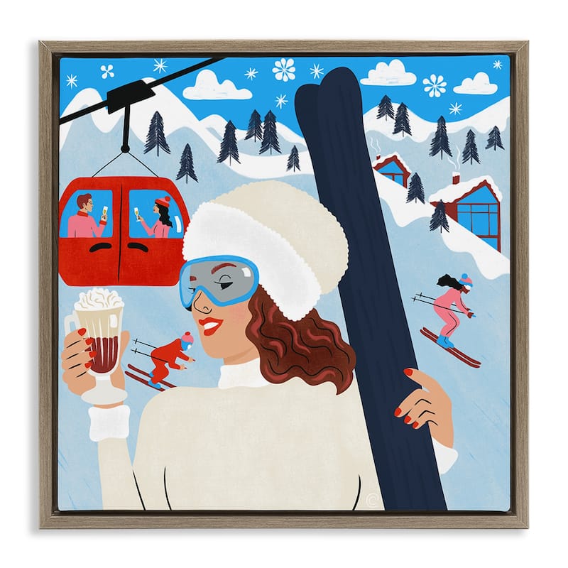 Stupell Sipping Cocoa on Ski Lift Framed Floater Canvas Wall Art Design By Carrie Cantwell - 18 x 18 - Brown