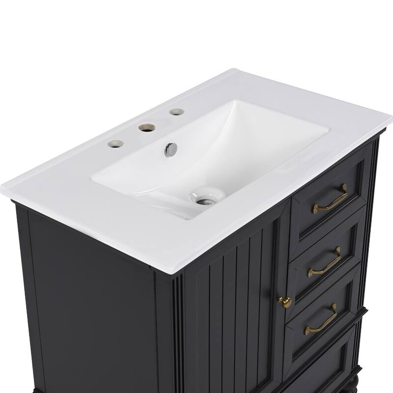 Roomfitters 30" Bathroom Vanity with Integrated Ceramic Sink, Solid Wood Frame and 3-Drawer Storage