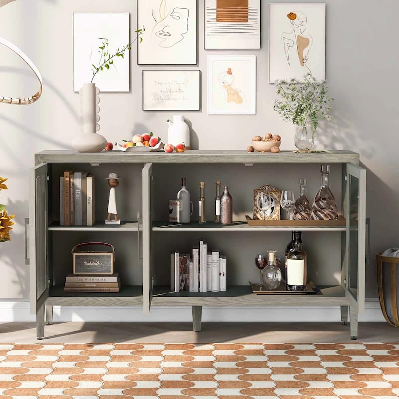 Three-Glass-Door Wood Storage Cabinet with Adjustable Shelf