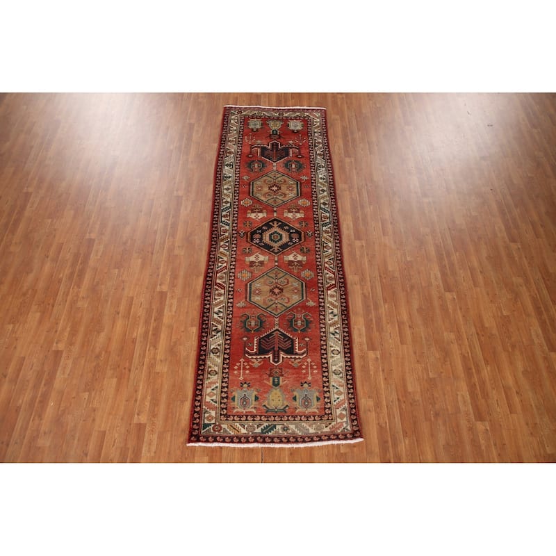 Geometric Red Heriz Persian Vintage Runner Rug Handmade Wool Carpet - 3'9"x 11'1"