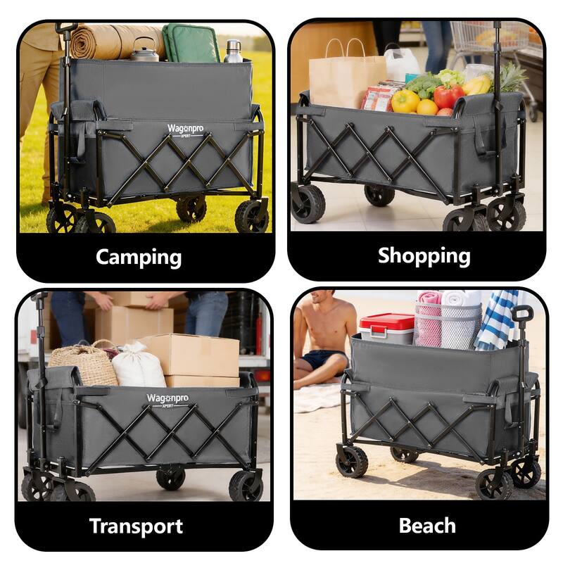 Upgraded 5*2"Wide Wheels-Expandable Dual-Layer Utility Wagon with 100% Extra Space, 220lbs Capacity Grocery Cart for Camping