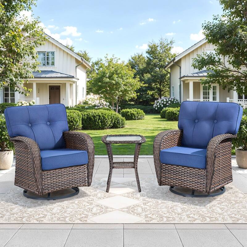 Gymojoy Wide T-Shaped High Back Swivel Glider Chairs Set with Side Table and 5-inch Cusion for Patio & Balcony - Blue - 3-Piece