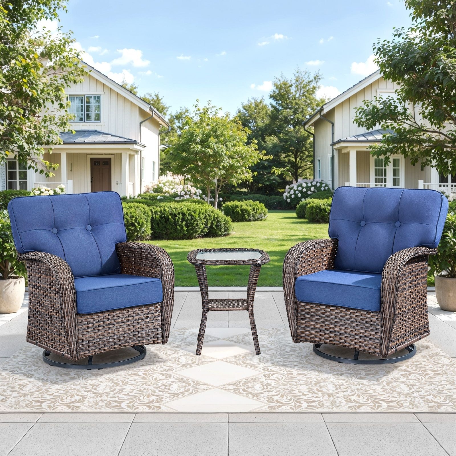 Gymojoy Wide T-Shaped High Back Swivel Glider Chairs Set with Side Table and 5-inch Cusion for Patio & Balcony