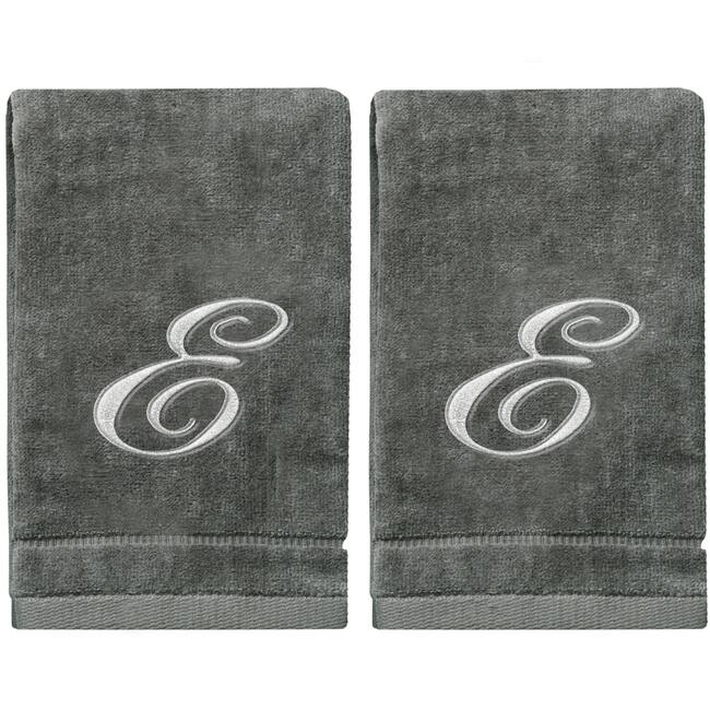 Soft Velour Silver Monogrammed Towels Fingertip - Set of 2 - E