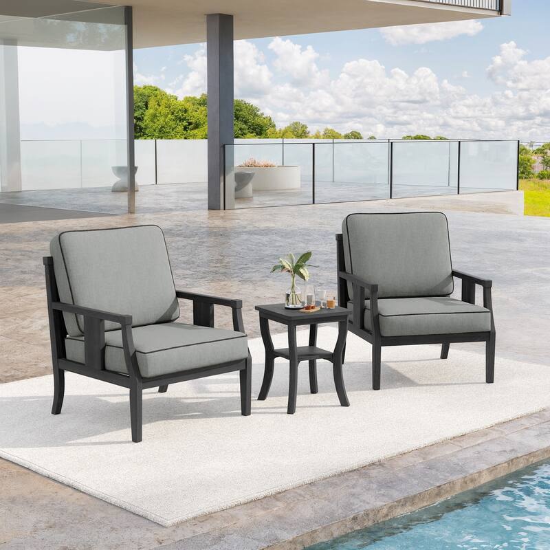 3-Piece Teak Wood Outdoor Armchair Set with Side Table, Cushions, Patio Seating Sets
