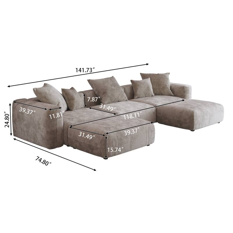 141.73" Modular Sectional Sofa, Corduroy U Shaped Sofa Couch with Ottomans
