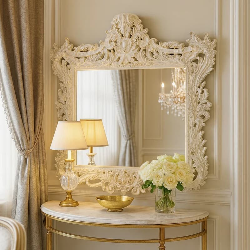 Rox 62 Inch Classic Ornate Carved Mirror, Crowned Top Frame, Wood, White