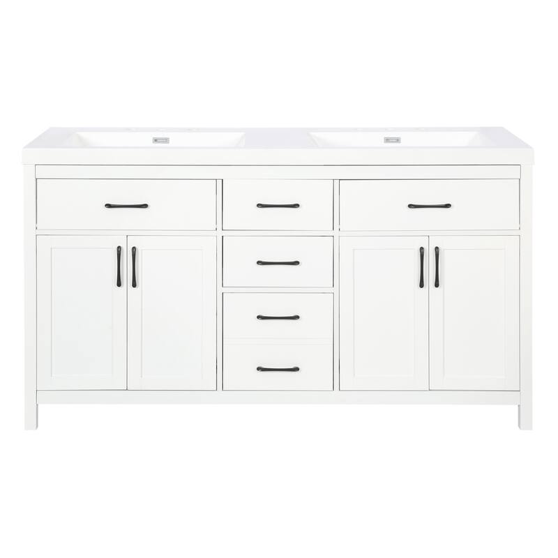 59.3" Modern Double Bathroom Vanity, Solid Wood Frame with SMC Sinks, Soft-Close Doors & Drawers
