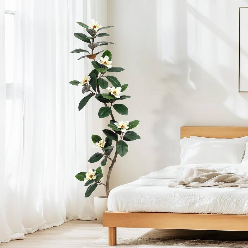 Artificial Faux Rubber Tree with Magnolia Flowers for Home Decor