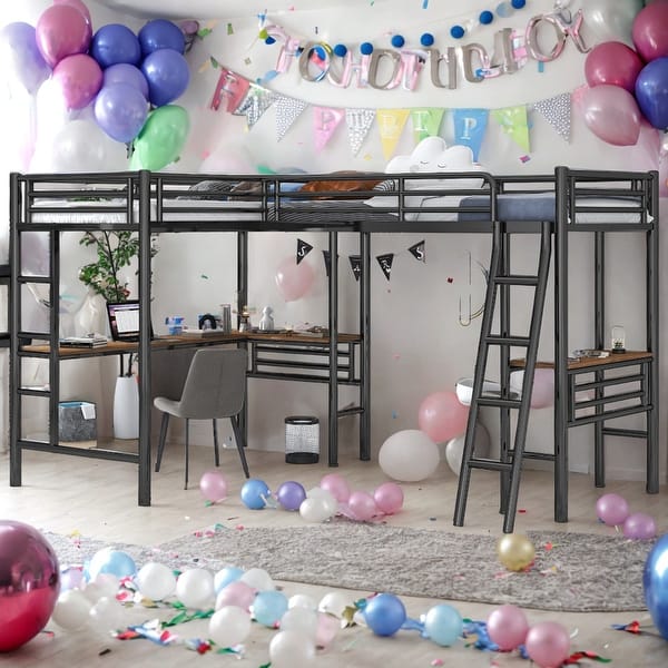 slide 2 of 13, 2 Beds In 1 Twin Size Loft Bed With Two Built-in Desks for Home Black