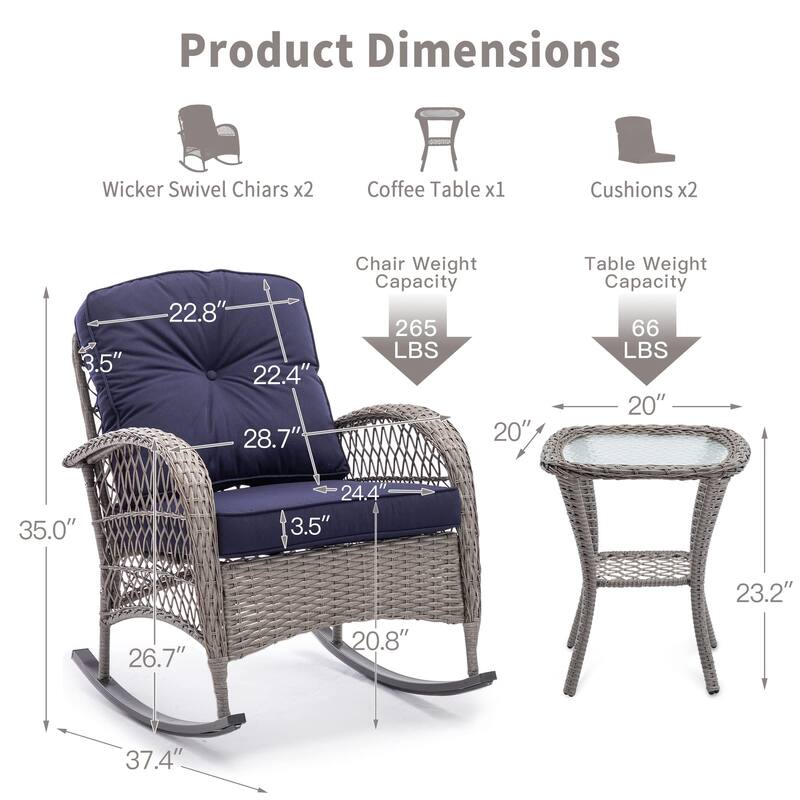 3 Pieces Outdoor Swivel Rocker Chairs, 360 Degree, Thickened Cushions & Glass Coffee Table