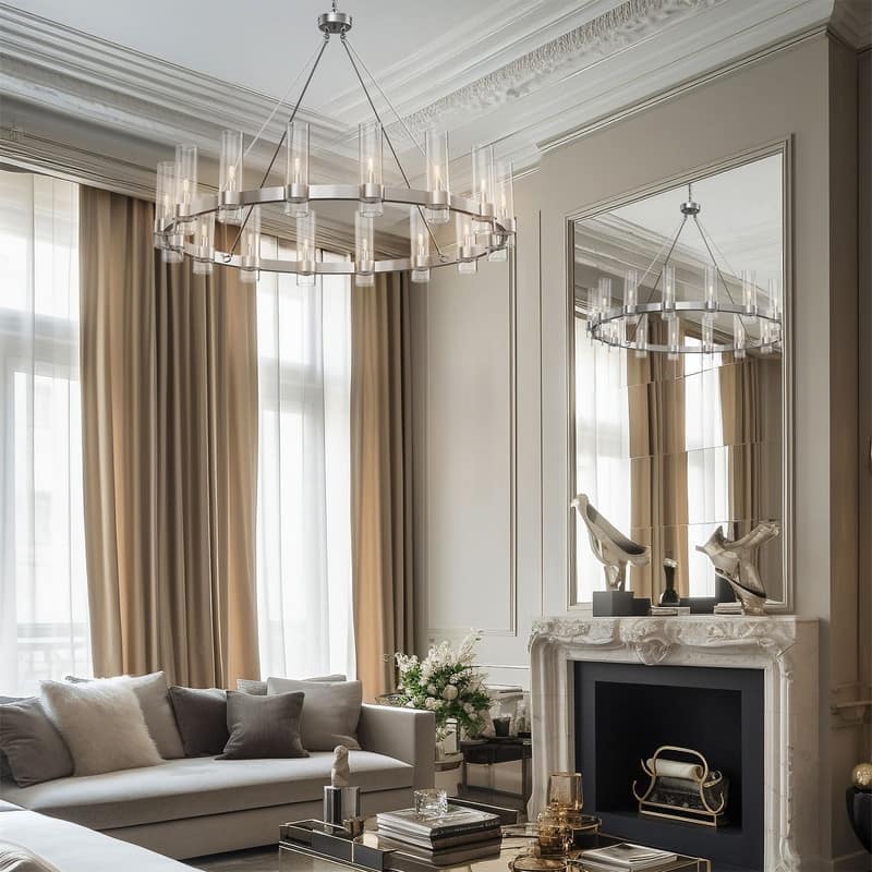 KAYLA 48" 16-Light Gold Chandelier, Wagon Wheel Chandelier with Glass Shade, Modern Farmhouse Chandelier - 48in