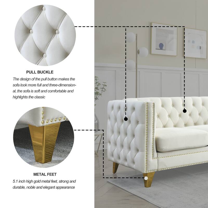 Classic Chesterfield Velvet Sofa Set, 2-Piece Button-Tufted 3-Seater Couch with Nailhead Trim and Metal Legs