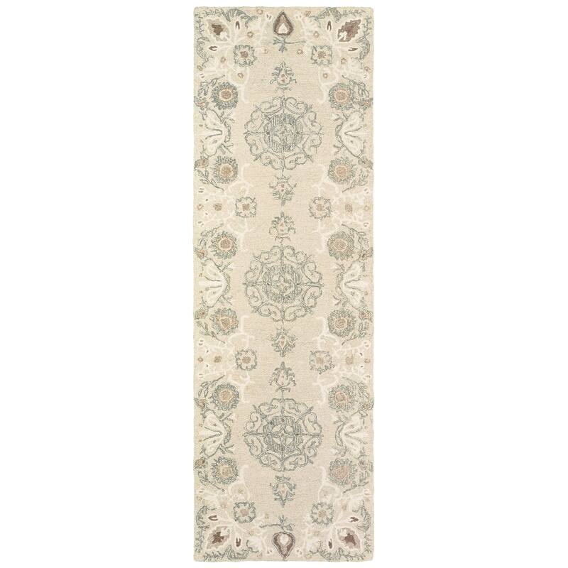 Style Haven Globeflower Medallions Handcrafted Undyed Wool Runner Rug - 2' 6" x 8' - Sand/Ash - Runner