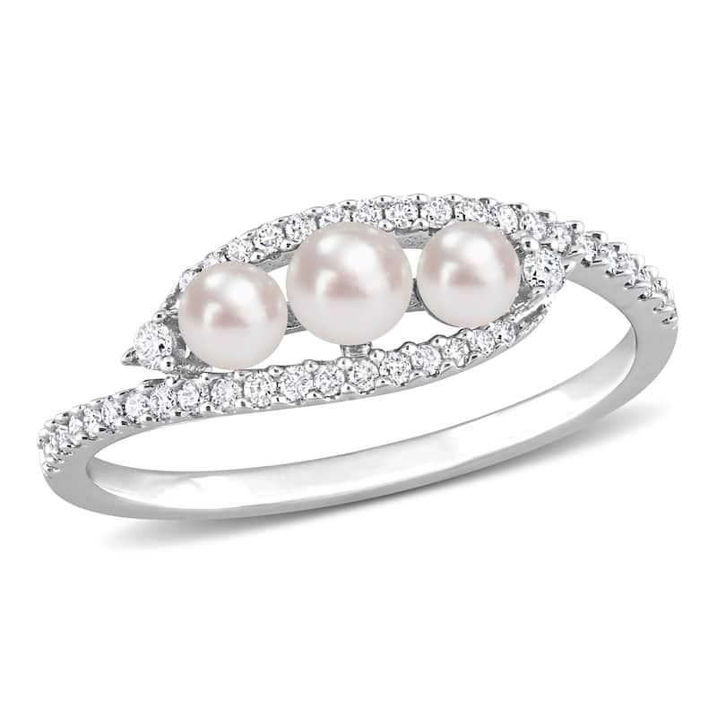 Miadora Cultured Freshwater Pearl and 1/5ct TDW Diamond Bypass Ring in 14k White Gold