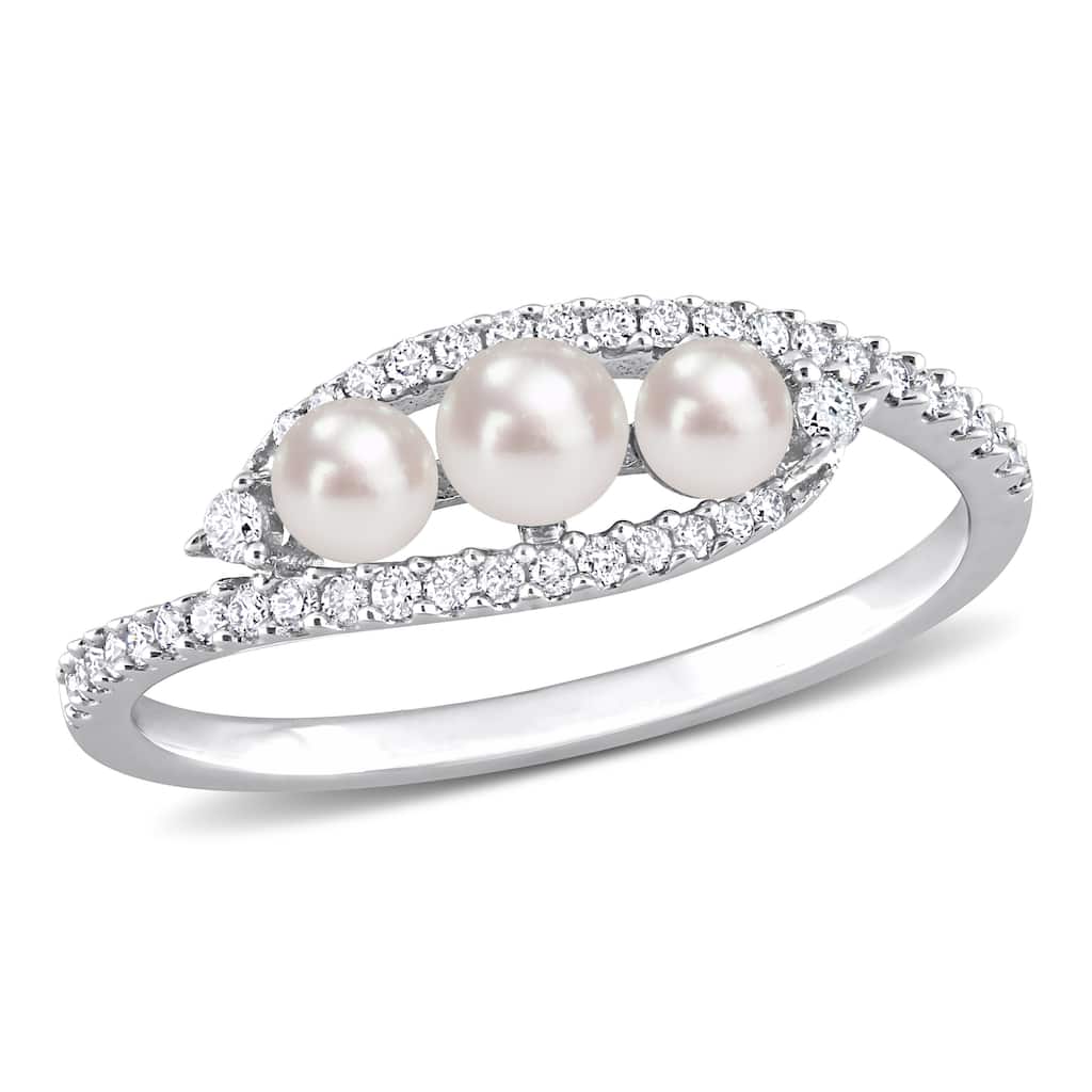 Miadora Cultured Freshwater Pearl and 1/5ct TDW Diamond Bypass Ring in 14k White Gold