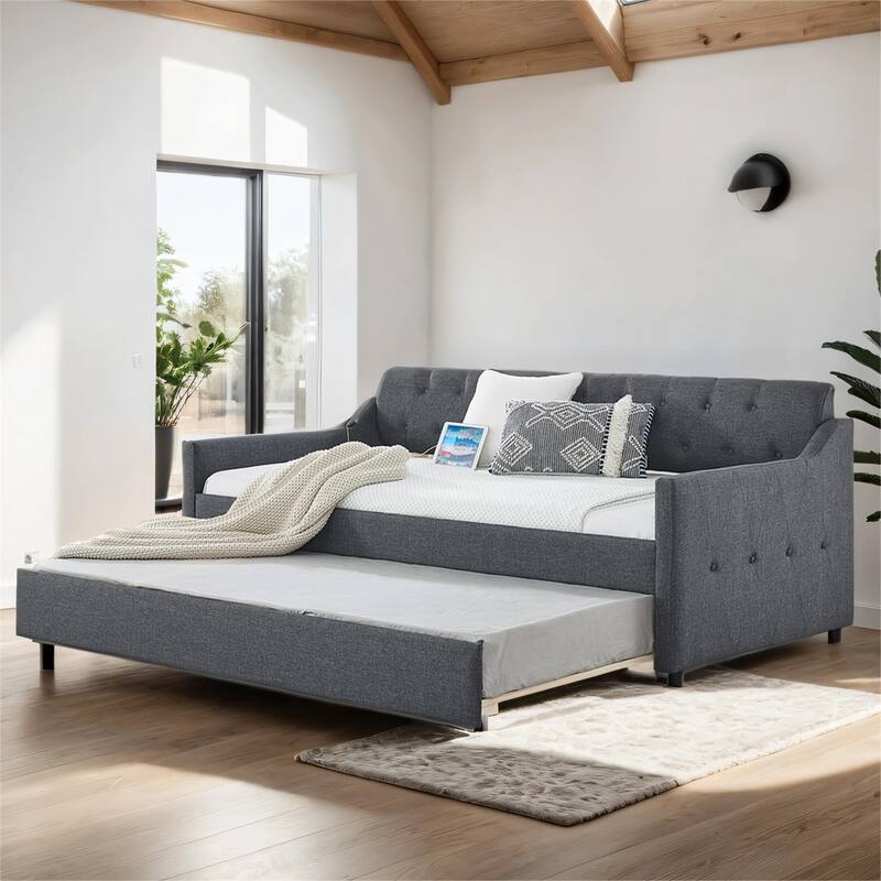 Twin Size Upholstery DayBed with Twin Size Trundle and USB Charging - Dark Gray
